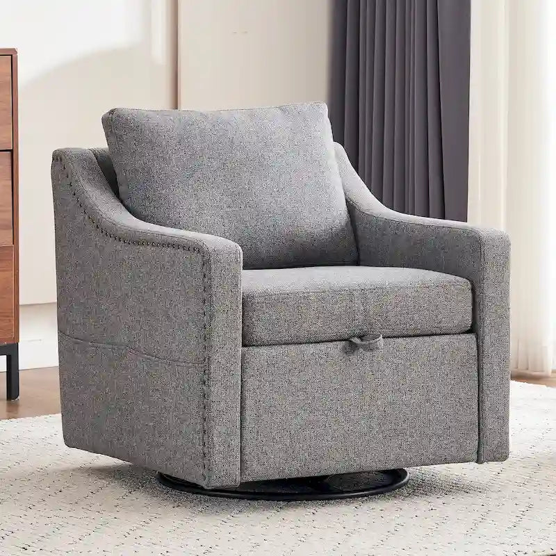 Fauteuil d'appoint moderne en lin avec base pivotante à 360° et clous décoratifs