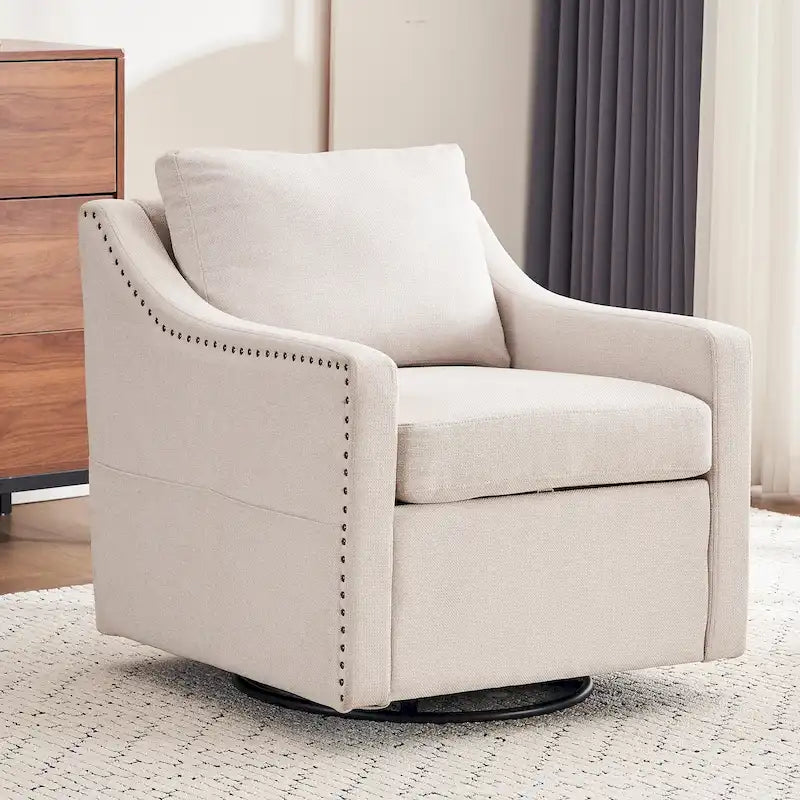 Fauteuil d'appoint moderne en lin avec base pivotante à 360° et clous décoratifs