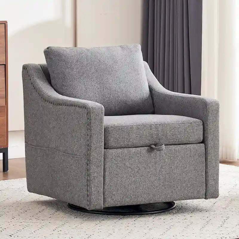 Fauteuil d'appoint moderne en lin avec base pivotante à 360° et clous décoratifs