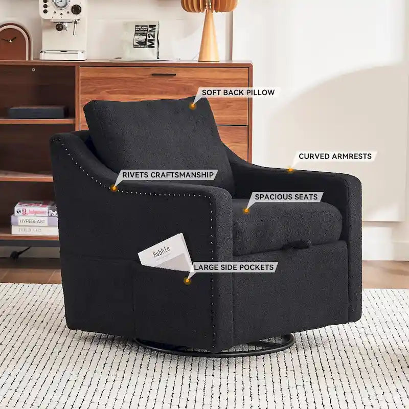 Fauteuil d'appoint moderne en lin avec base pivotante à 360° et clous décoratifs