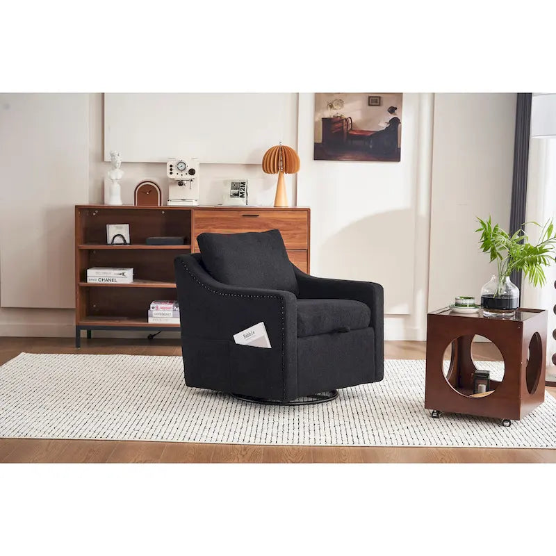 Fauteuil d'appoint moderne en lin avec base pivotante à 360° et clous décoratifs