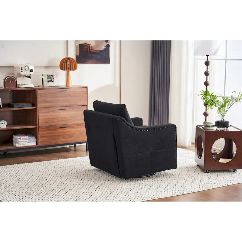 Fauteuil d'appoint moderne en lin avec base pivotante à 360° et clous décoratifs