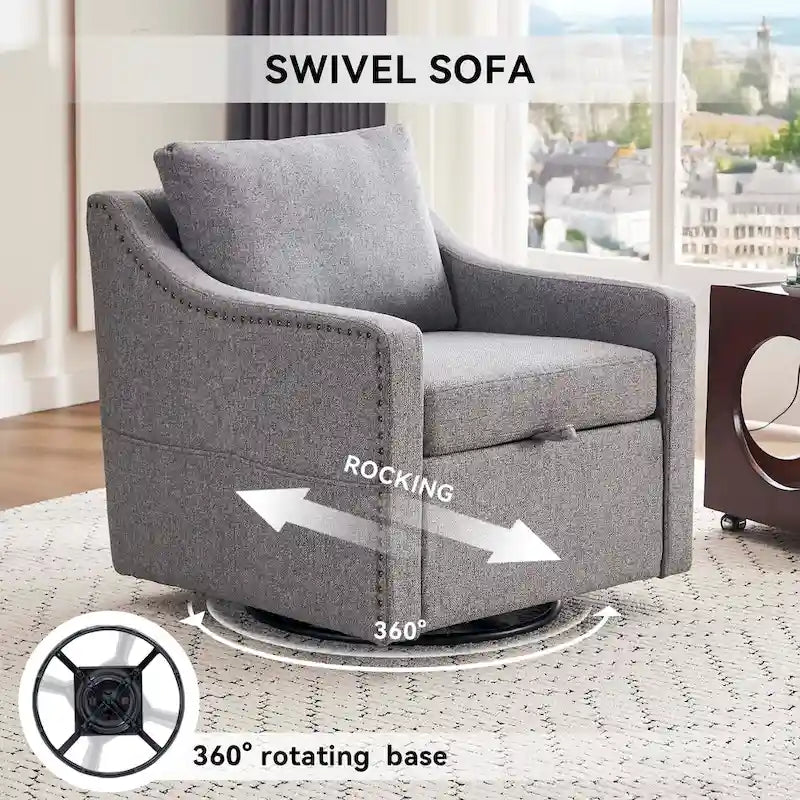 Fauteuil d'appoint moderne en lin avec base pivotante à 360° et clous décoratifs