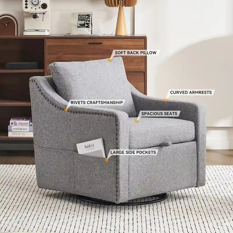 Fauteuil d'appoint moderne en lin avec base pivotante à 360° et clous décoratifs