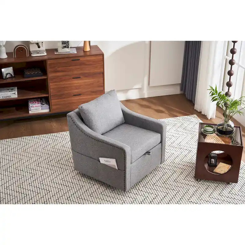 Fauteuil d'appoint moderne en lin avec base pivotante à 360° et clous décoratifs