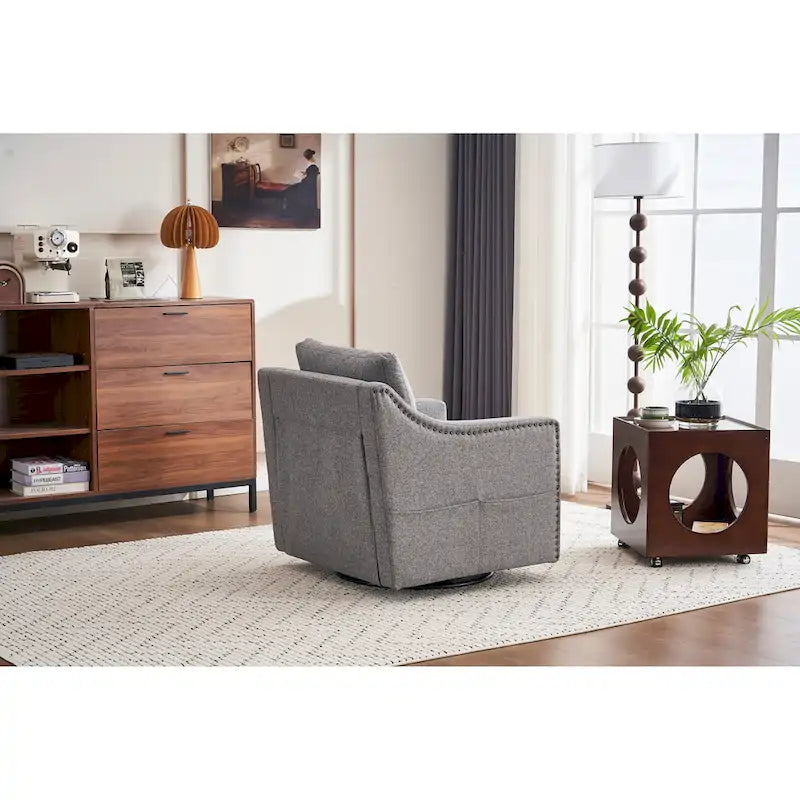 Fauteuil d'appoint moderne en lin avec base pivotante à 360° et clous décoratifs