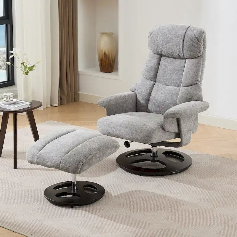 Fauteuil de massage chauffant en tissu chenille, inclinable et pivotant, avec pouf.