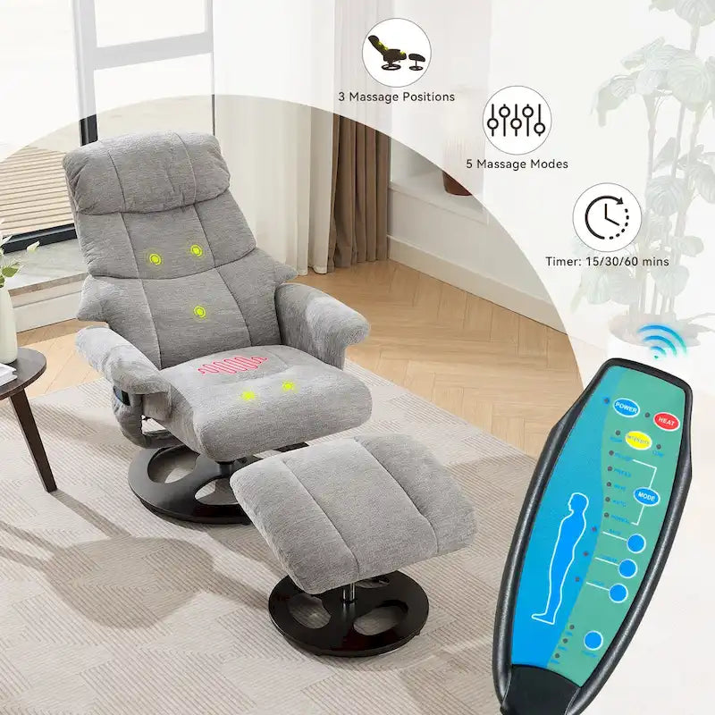 Fauteuil de massage chauffant en tissu chenille, inclinable et pivotant, avec pouf.