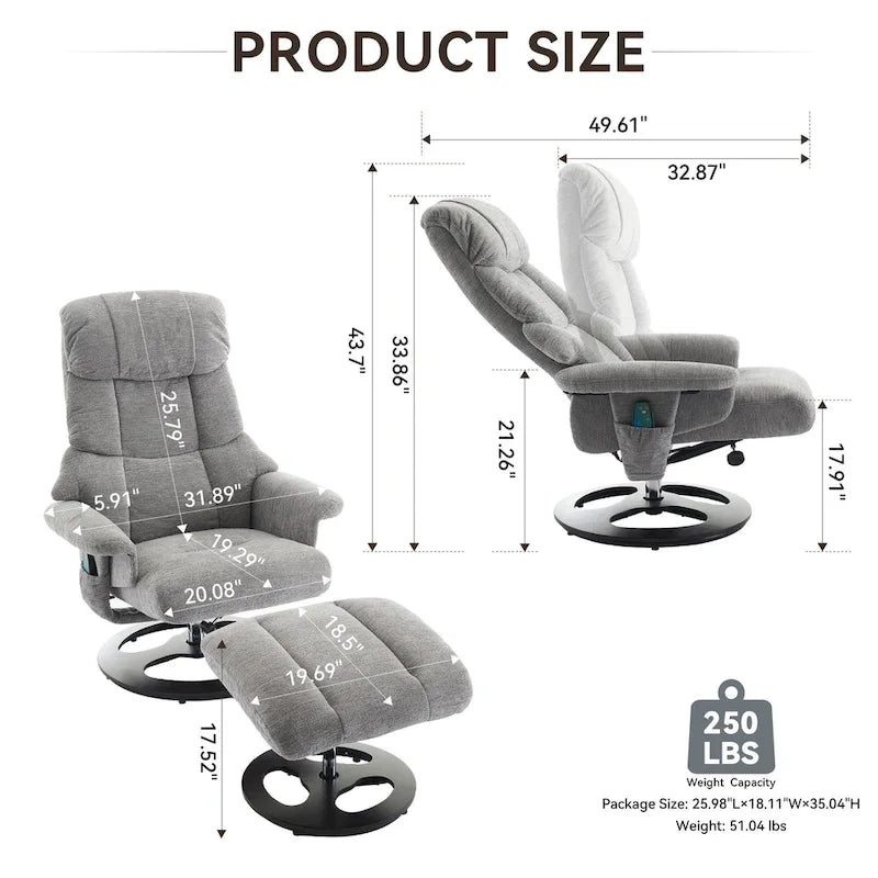 Fauteuil de massage chauffant en tissu chenille, inclinable et pivotant, avec pouf.