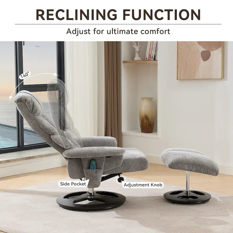 Fauteuil de massage chauffant en tissu chenille, inclinable et pivotant, avec pouf.