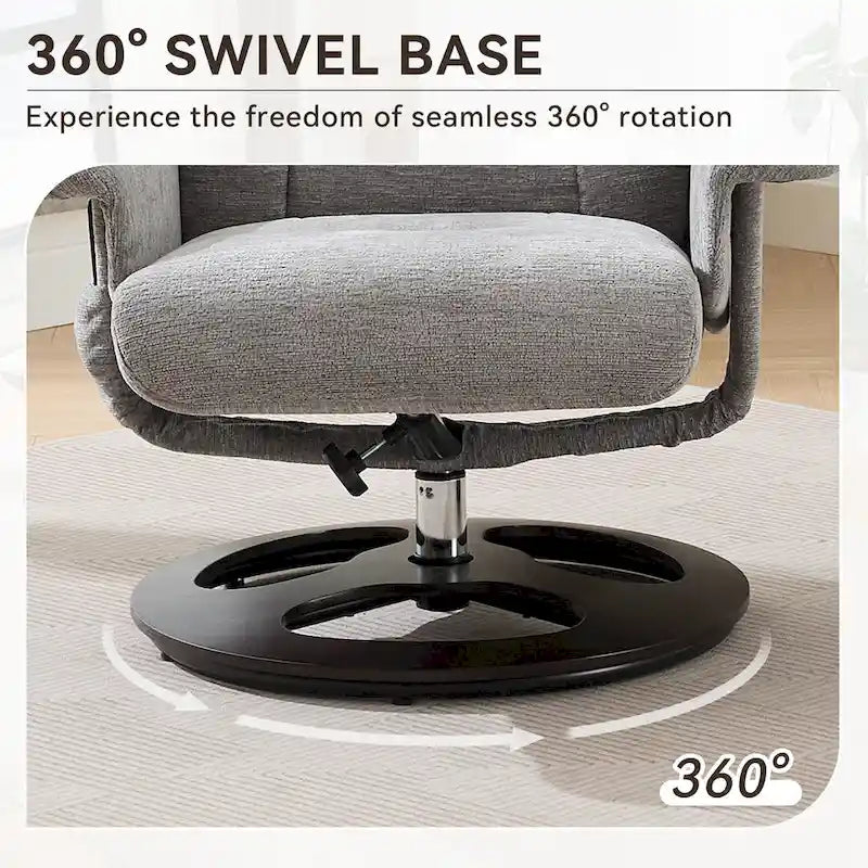 Fauteuil de massage chauffant en tissu chenille, inclinable et pivotant, avec pouf.