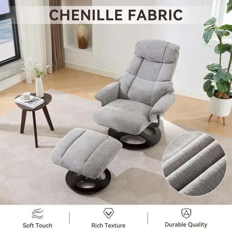 Fauteuil de massage chauffant en tissu chenille, inclinable et pivotant, avec pouf.