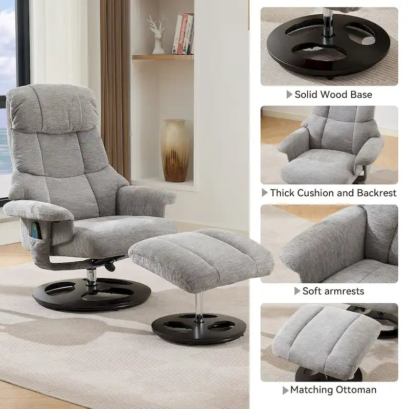 Fauteuil de massage chauffant en tissu chenille, inclinable et pivotant, avec pouf.