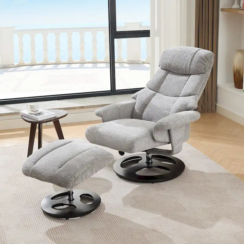 Fauteuil de massage chauffant en tissu chenille, inclinable et pivotant, avec pouf.