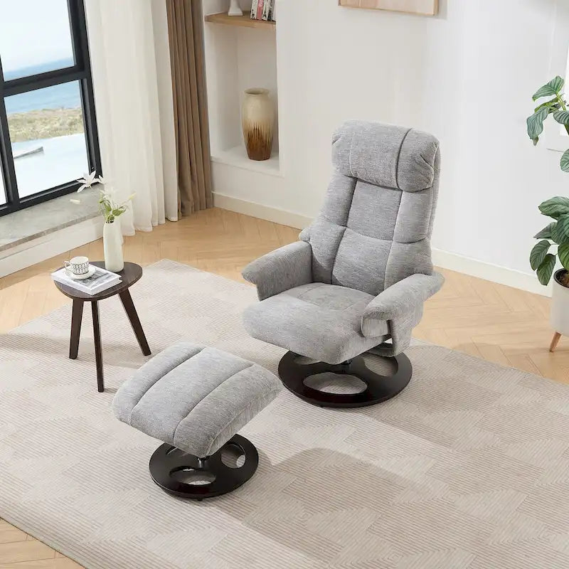 Fauteuil de massage chauffant en tissu chenille, inclinable et pivotant, avec pouf.