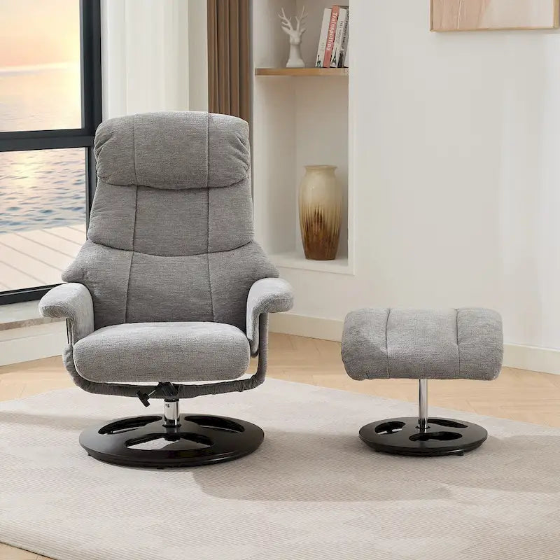 Fauteuil de massage chauffant en tissu chenille, inclinable et pivotant, avec pouf.