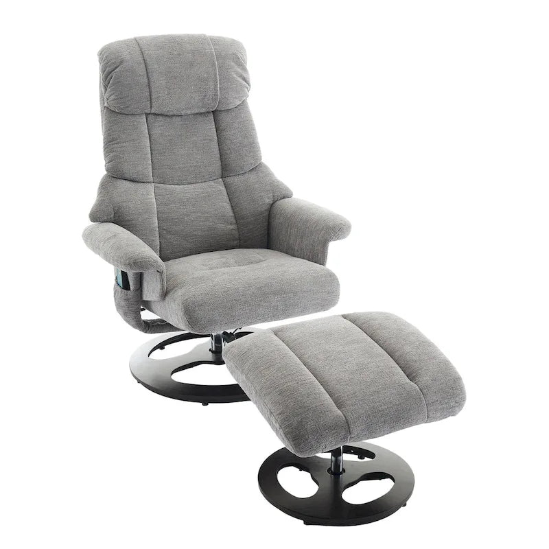 Fauteuil de massage chauffant en tissu chenille, inclinable et pivotant, avec pouf.