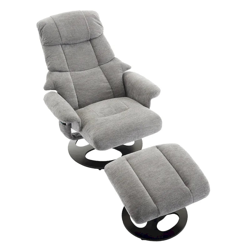 Fauteuil de massage chauffant en tissu chenille, inclinable et pivotant, avec pouf.