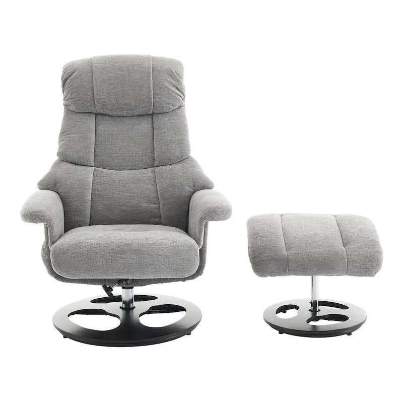 Fauteuil de massage chauffant en tissu chenille, inclinable et pivotant, avec pouf.