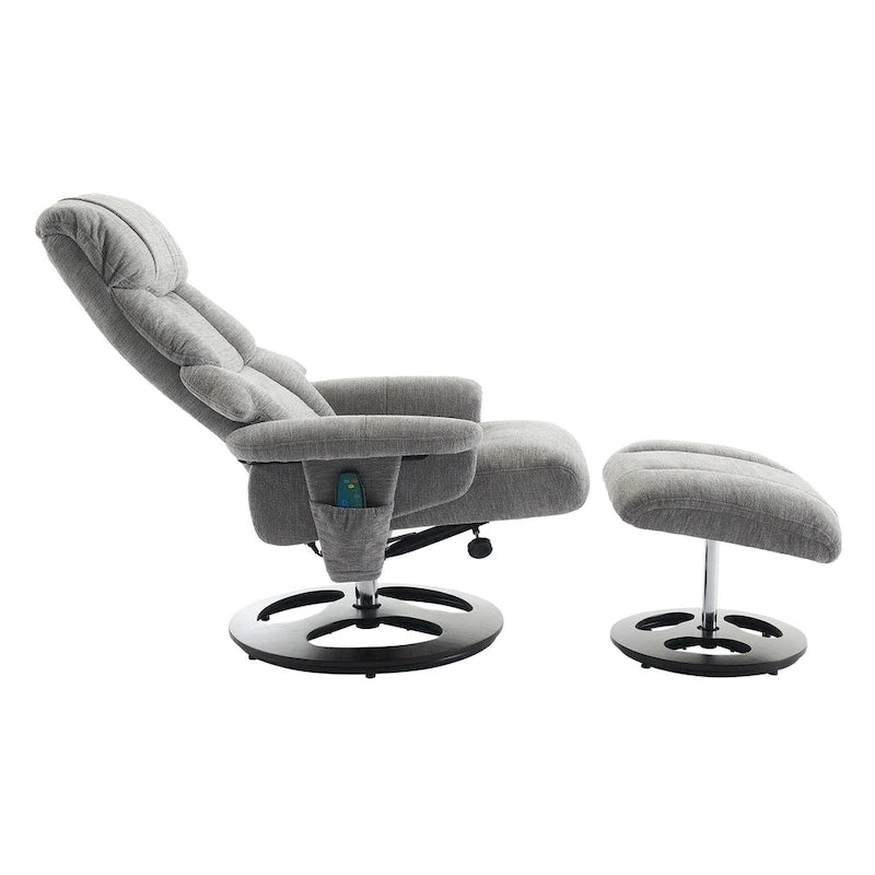 Fauteuil de massage chauffant en tissu chenille, inclinable et pivotant, avec pouf.