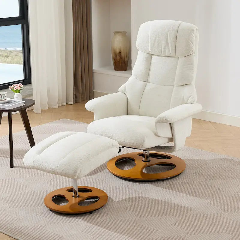 Fauteuil de massage chauffant en tissu chenille, inclinable et pivotant, avec pouf.