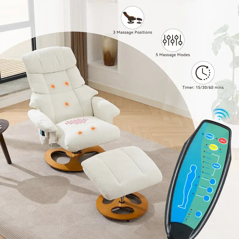 Fauteuil de massage chauffant en tissu chenille, inclinable et pivotant, avec pouf.