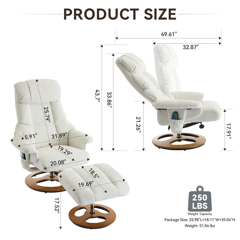 Fauteuil de massage chauffant en tissu chenille, inclinable et pivotant, avec pouf.