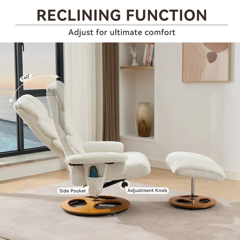 Fauteuil de massage chauffant en tissu chenille, inclinable et pivotant, avec pouf.