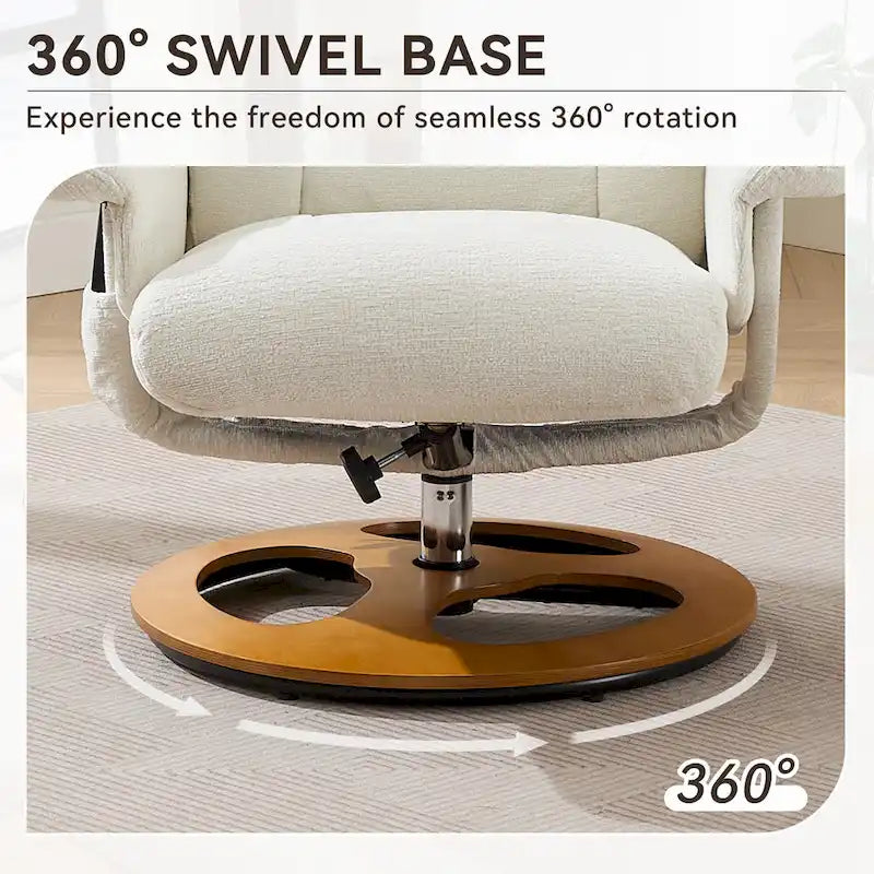 Fauteuil de massage chauffant en tissu chenille, inclinable et pivotant, avec pouf.
