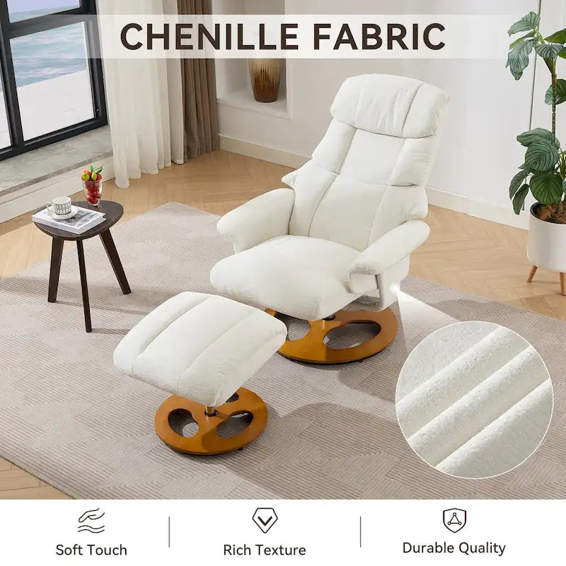 Fauteuil de massage chauffant en tissu chenille, inclinable et pivotant, avec pouf.