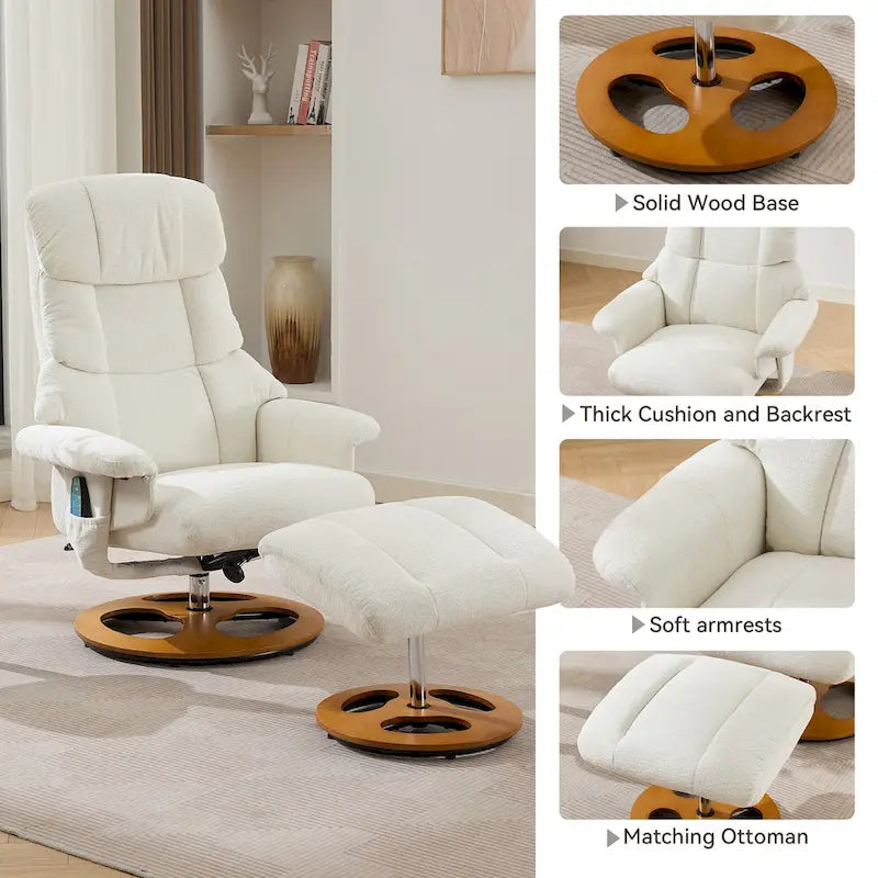 Fauteuil de massage chauffant en tissu chenille, inclinable et pivotant, avec pouf.