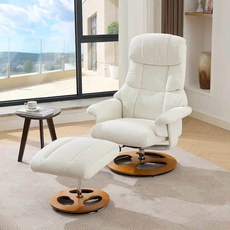 Fauteuil de massage chauffant en tissu chenille, inclinable et pivotant, avec pouf.