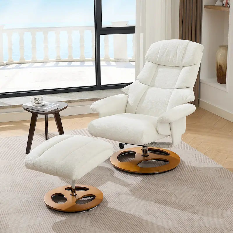 Fauteuil de massage chauffant en tissu chenille, inclinable et pivotant, avec pouf.