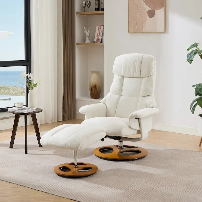 Fauteuil de massage chauffant en tissu chenille, inclinable et pivotant, avec pouf.