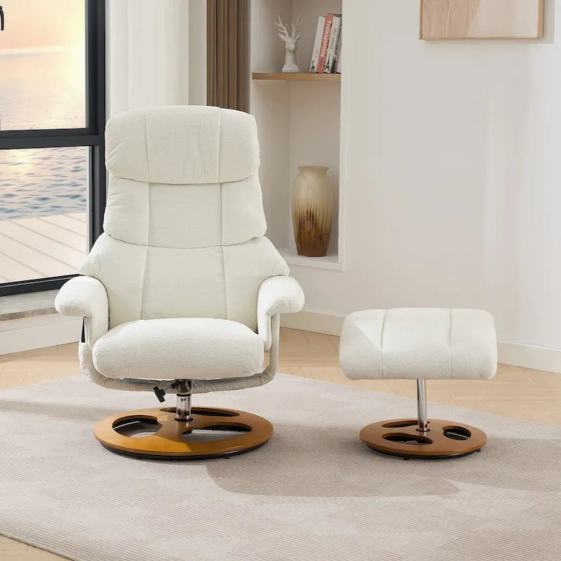 Fauteuil de massage chauffant en tissu chenille, inclinable et pivotant, avec pouf.