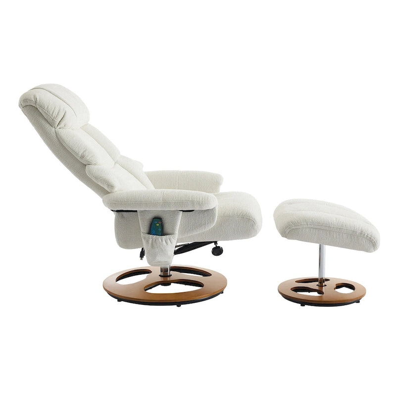 Fauteuil de massage chauffant en tissu chenille, inclinable et pivotant, avec pouf.