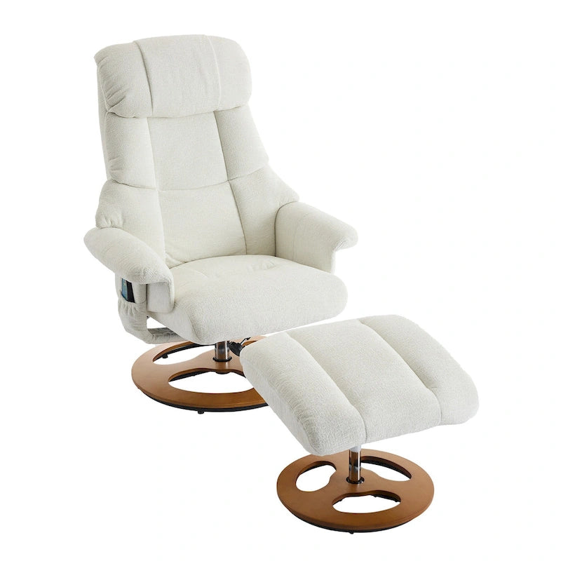 Fauteuil de massage chauffant en tissu chenille, inclinable et pivotant, avec pouf.