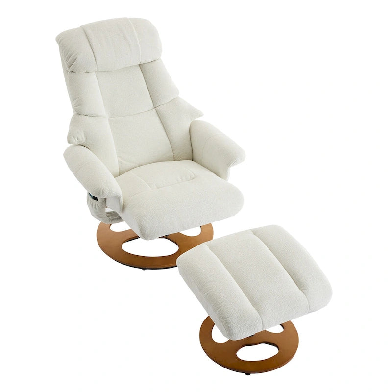 Fauteuil de massage chauffant en tissu chenille, inclinable et pivotant, avec pouf.