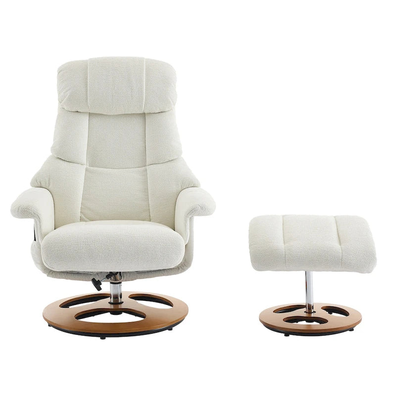 Fauteuil de massage chauffant en tissu chenille, inclinable et pivotant, avec pouf.