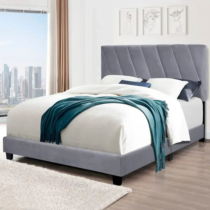 Lit plateforme réglable rembourré de taille « queen » de style moderne gris pour chambre à coucher