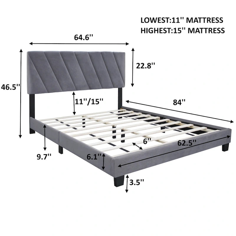Lit plateforme réglable rembourré de taille « queen » de style moderne gris pour chambre à coucher