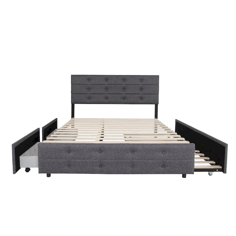 Cadre de lit plateforme capitonné en lin, taille Queen, avec 2 tiroirs de rangement