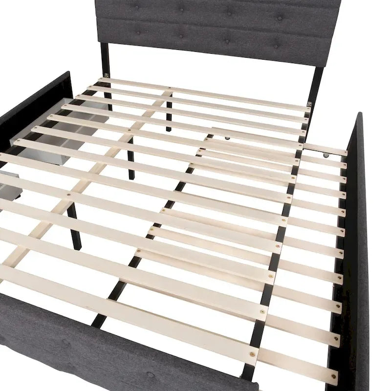 Cadre de lit plateforme capitonné en lin, taille Queen, avec 2 tiroirs de rangement