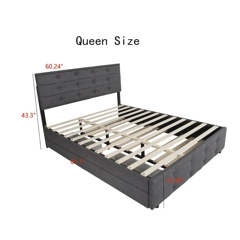 Cadre de lit plateforme capitonné en lin, taille Queen, avec 2 tiroirs de rangement