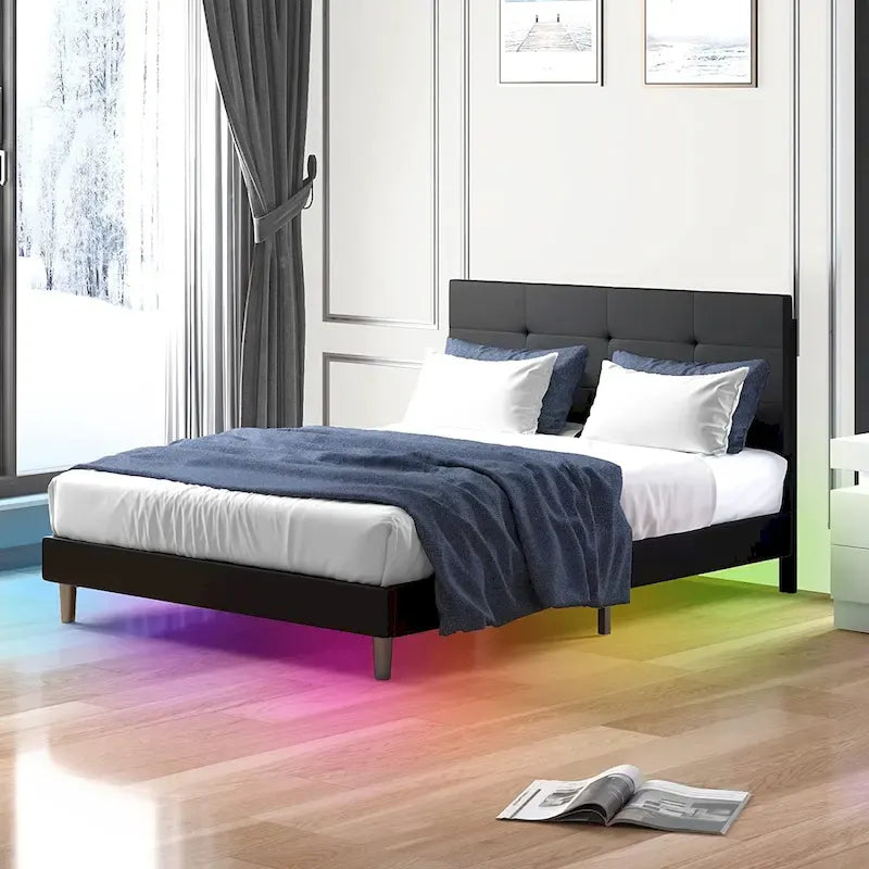 Cadre de lit avec lumières LED RVB intelligentes Tête de lit capitonnée en tissu PVC