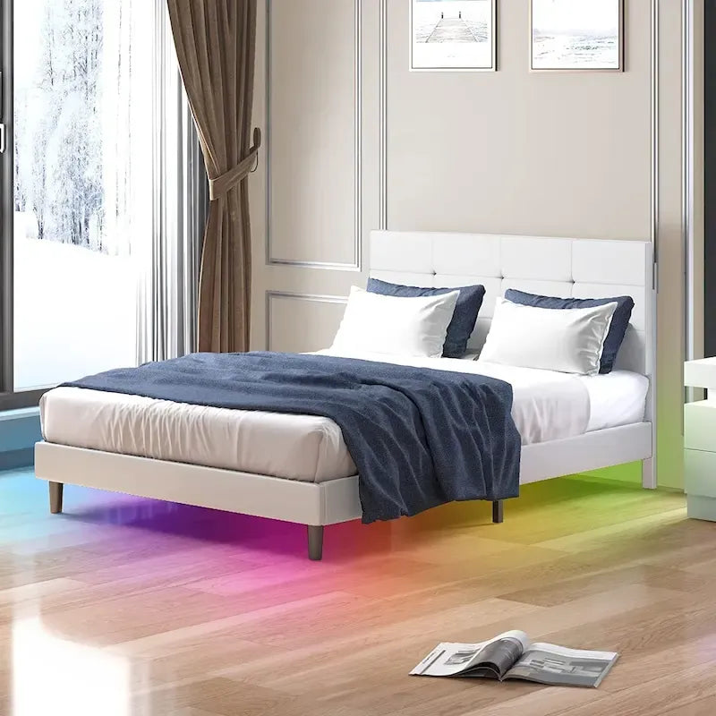 Cadre de lit avec lumières LED RVB intelligentes Tête de lit capitonnée en tissu PVC