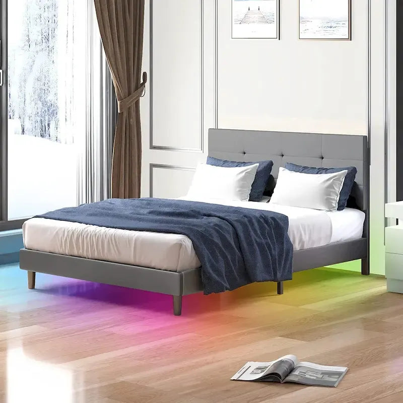 Cadre de lit avec lumières LED RVB intelligentes Tête de lit capitonnée en tissu PVC