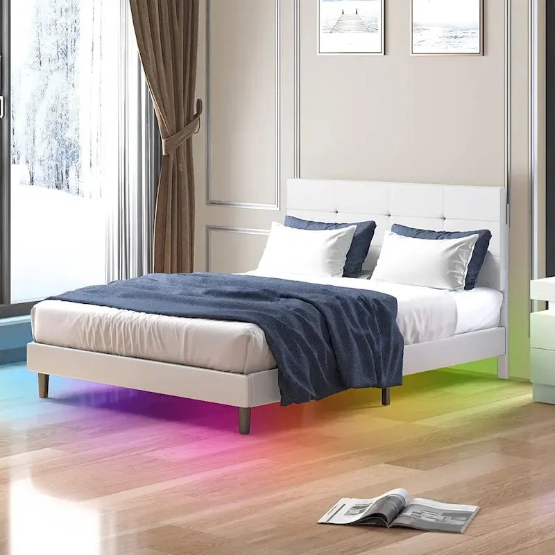 Cadre de lit avec lumières LED RVB intelligentes Tête de lit capitonnée en tissu PVC
