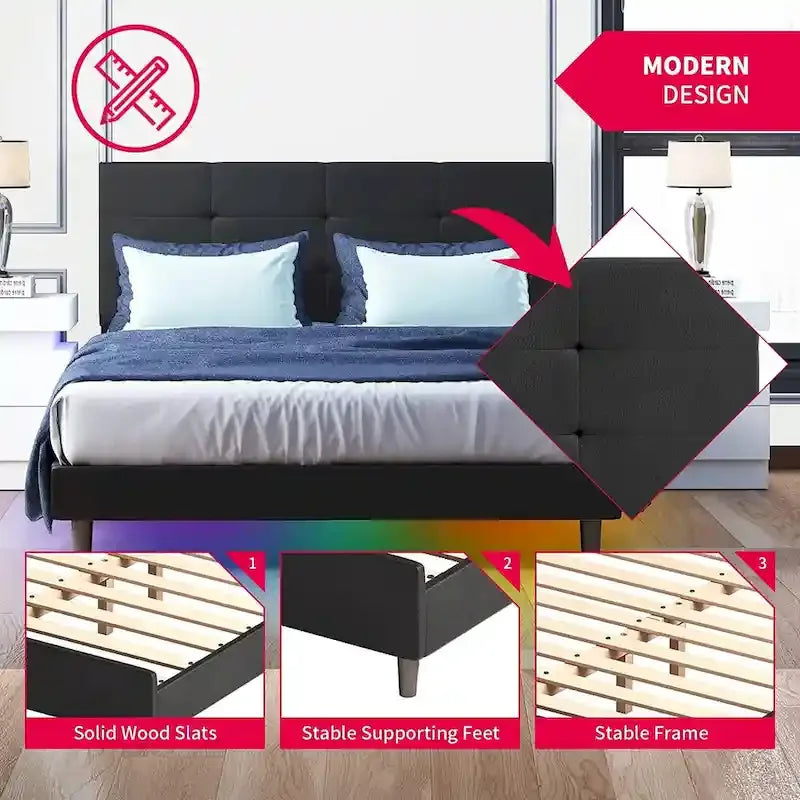 Cadre de lit avec lumières LED RVB intelligentes Tête de lit capitonnée en tissu PVC
