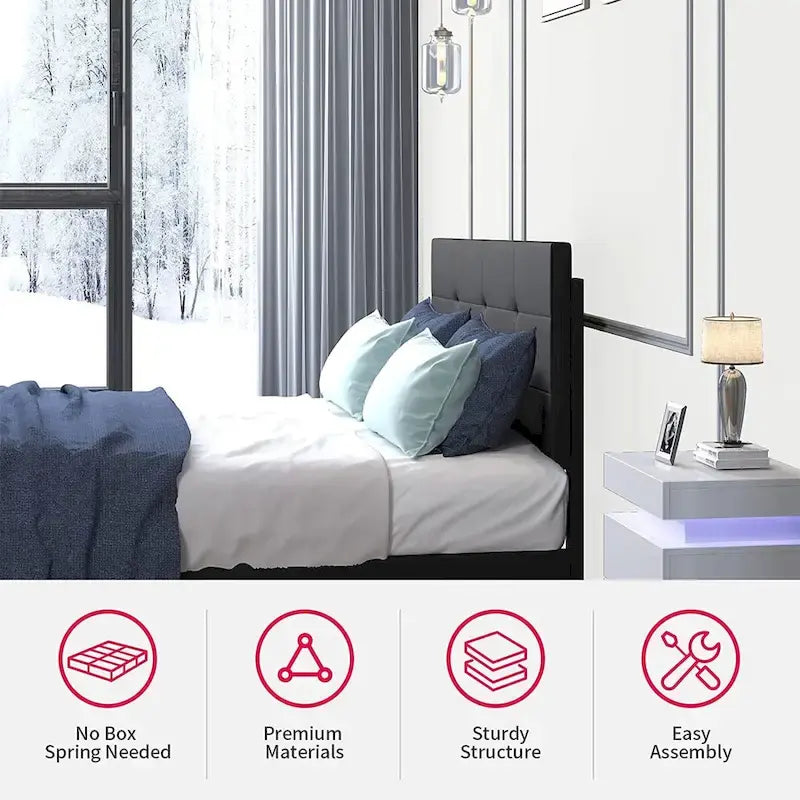 Cadre de lit avec lumières LED RVB intelligentes Tête de lit capitonnée en tissu PVC